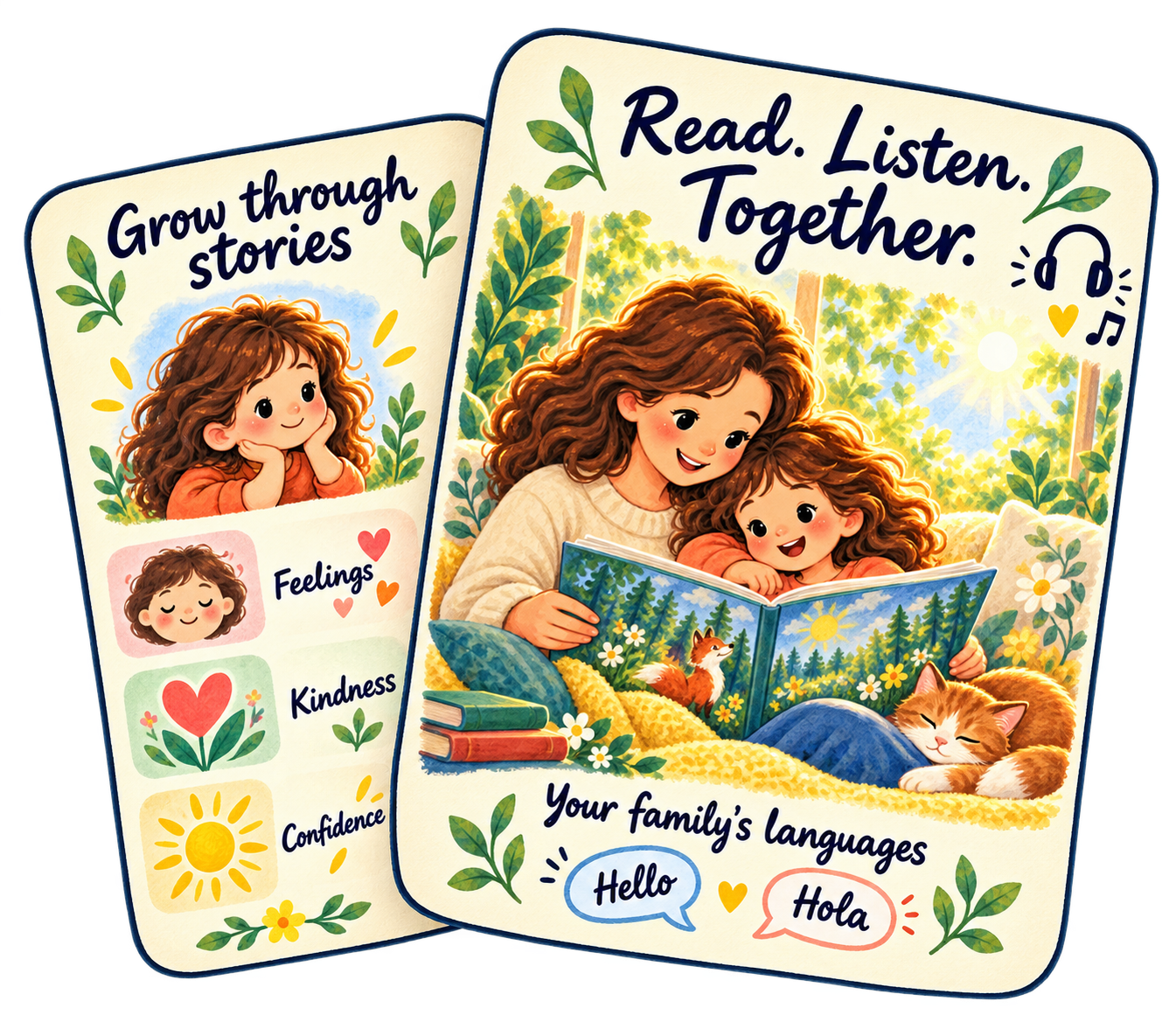 Stories tailored to feelings, kindness and confidence. Read or listen together in your family’s languages.
